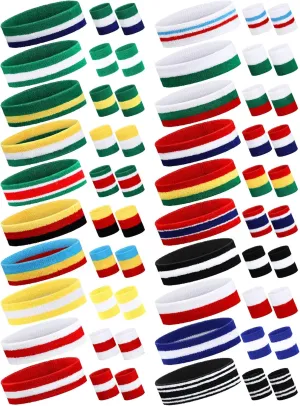 60 Pcs Striped Sweatband Kit 40 Pcs Sports Wristband and 20 Pcs Headband, Cotton Stripe Headband Wristband Set Moisture Sweat Absorbing Headbands Wristbands for Gym Tennis Workout Men Women
