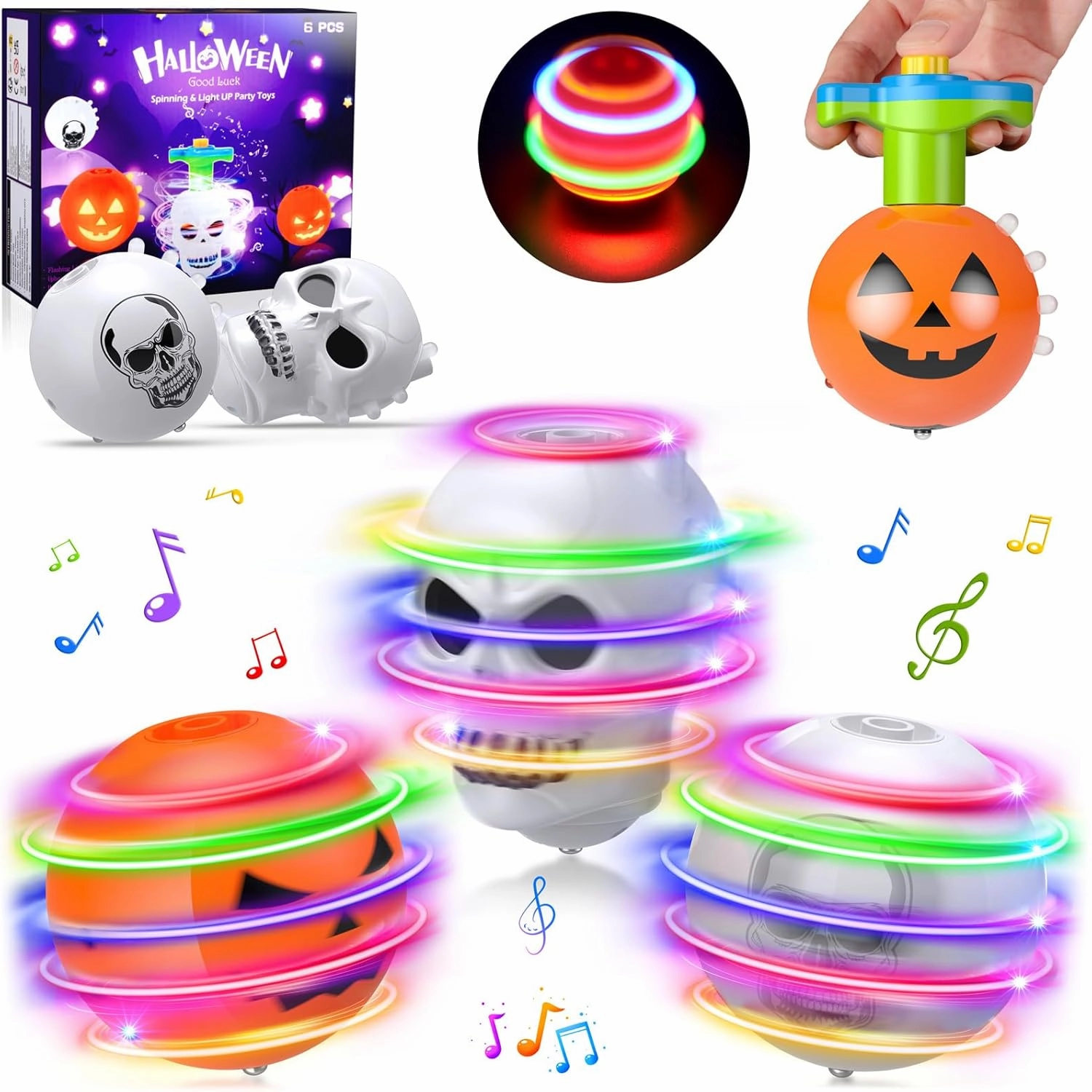 6 PCS Light Up Flashing Halloween Spinning Toy Gifts for Kids - LED Gyroscope Spin Tops for Party Favors, Goodie Bag Fillers - Pumpkin, Skull
