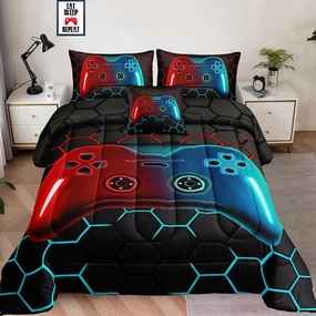 6 Pieces Bed in a Bag for Boys Bedding Sets Full Size,Gamer Comforter Sets for Boys Kids, Gaming Comforter Set for Teens Room Decor with Flat Sheet,Fitted Sheet,Pillowcase,Cushion Cover