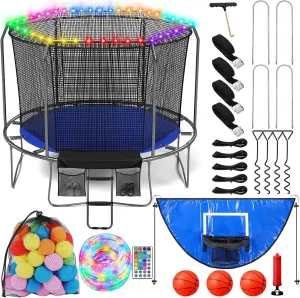70 Pcs Trampoline Accessories Kit, Trampoline Ladder 49.2 ft LED Trampoline Lights Trampoline Sprinkler, 8 Trampoline Stakes, Spring Pull Tool, 51 Water Balls and Trampoline Basketball Hoop