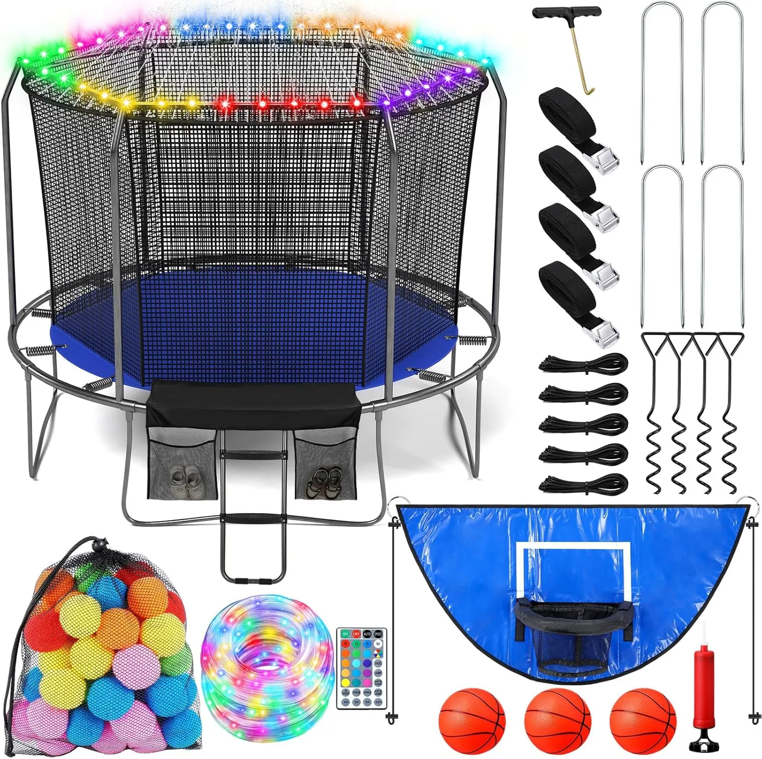 70 Pcs Trampoline Accessories Kit, Trampoline Ladder 49.2 ft LED Trampoline Lights Trampoline Sprinkler, 8 Trampoline Stakes, Spring Pull Tool, 51 Water Balls and Trampoline Basketball Hoop