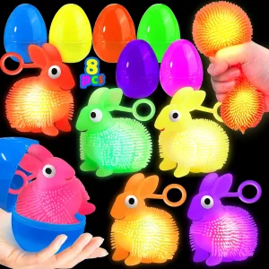 8 Pcs Jumbo Easter Eggs Filled Bunny Puffer Balls for Kids, Light Up Squeeze Balls Toys for Kids, Stress Relief Fidget Glow in The Dark for Easter Basket Stuffers, Party Favor Easter Egg Hunt Fillers