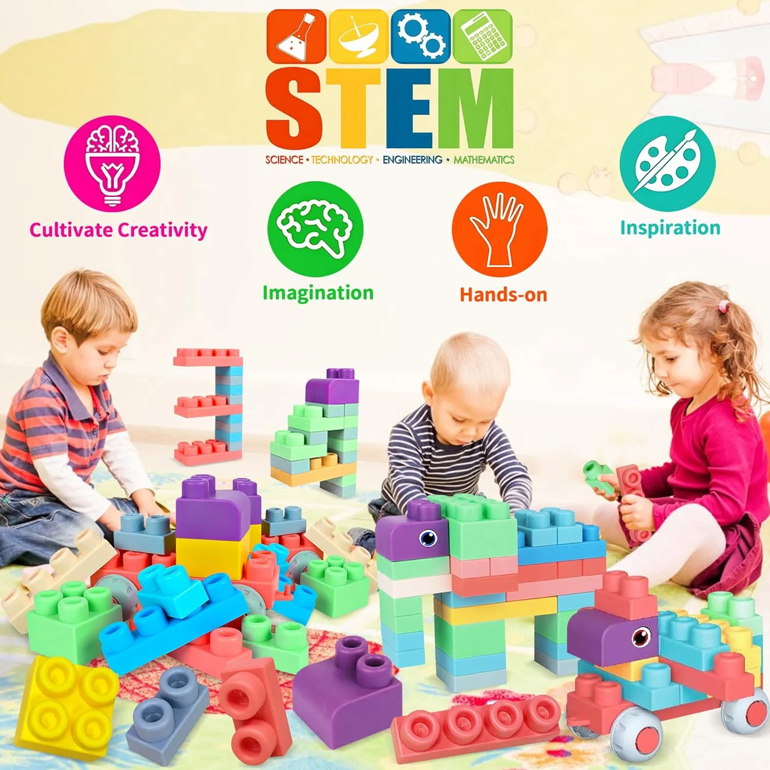 80PCS Baby Blocks Set with Storage Bucket, Blocks for Babies 6 Months and Up STEM Educational Toddler Gifts, Rubber Soft Blocks Big Building Blocks Sensory Stacking Toys