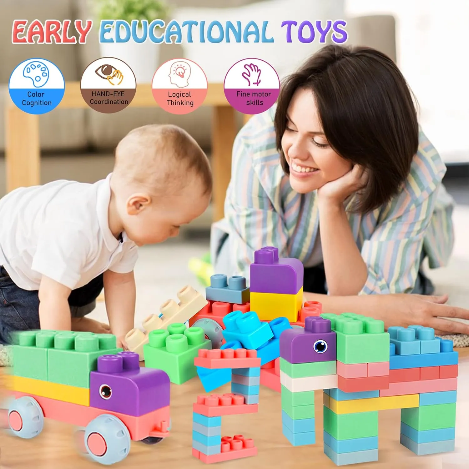 80PCS Baby Blocks Set with Storage Bucket, Blocks for Babies 6 Months and Up STEM Educational Toddler Gifts, Rubber Soft Blocks Big Building Blocks Sensory Stacking Toys