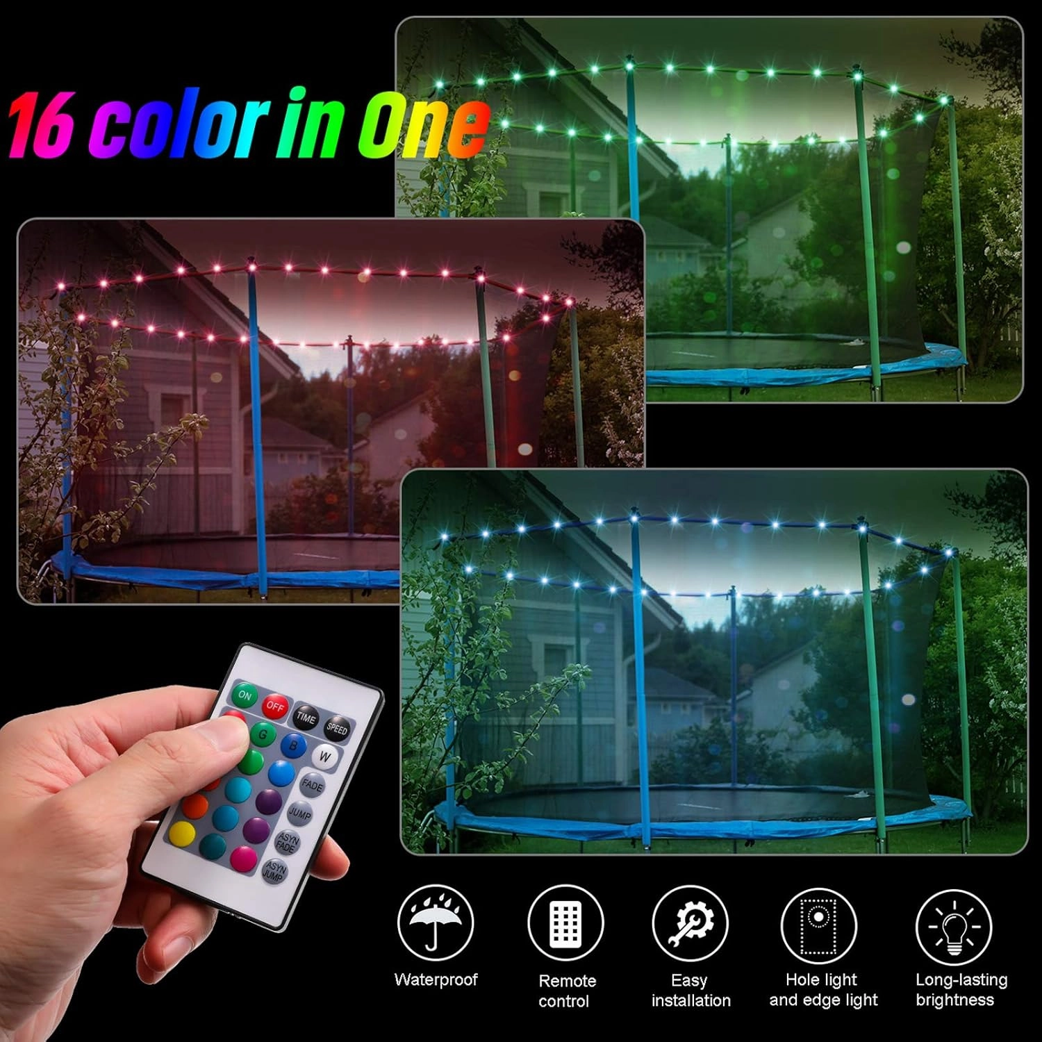 【Upgraded Large Volume&Longer Version】 LED Trampoline Lights，Remote Control Trampoline Rim LED Light for 14Ft Trampoline, C Battery Box, 16 Color Change, Waterproof, Bright to Play at Night Outdoors