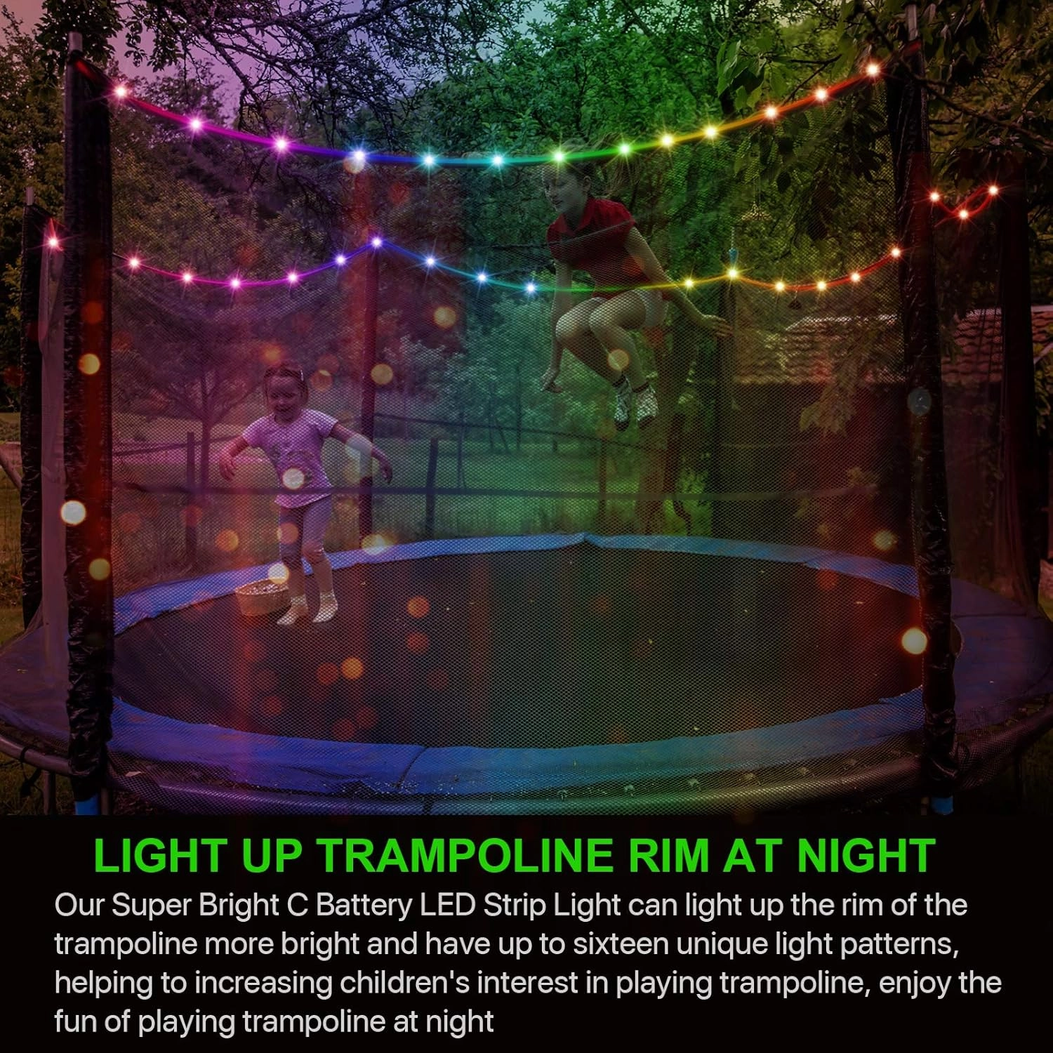 【Upgraded Large Volume&Longer Version】 LED Trampoline Lights，Remote Control Trampoline Rim LED Light for 14Ft Trampoline, C Battery Box, 16 Color Change, Waterproof, Bright to Play at Night Outdoors