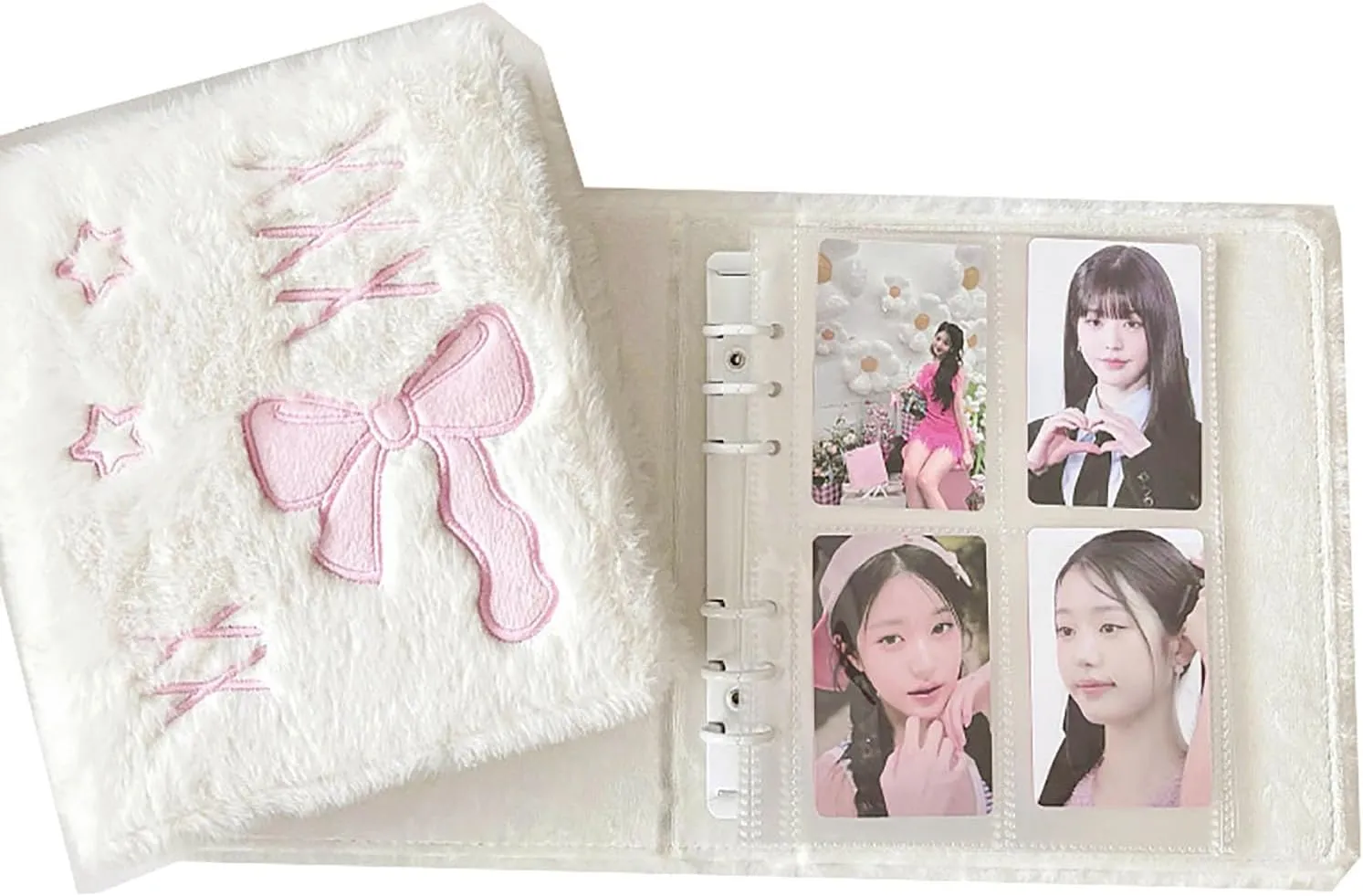 A6 k-Pop Card Book, White Pink Bow Tie Card Book with 10 Inner Pages, Fluffy White k-Pop Card Book, a6 Card Book Can Hold Celebrity Cards and Photos, 6-Ring a6 Bound Card Collection Book
