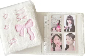 A6 k-Pop Card Book, White Pink Bow Tie Card Book with 10 Inner Pages, Fluffy White k-Pop Card Book, a6 Card Book Can Hold Celebrity Cards and Photos, 6-Ring a6 Bound Card Collection Book