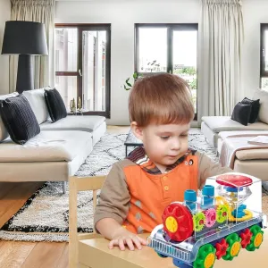 ABK Gear Train Toy, Transparent Electric Kids Gear Train with Flashing Lights, Early Educational Musical Train Set Birthday Gift for Boy and Girl (Train Engine), OM-TC-01