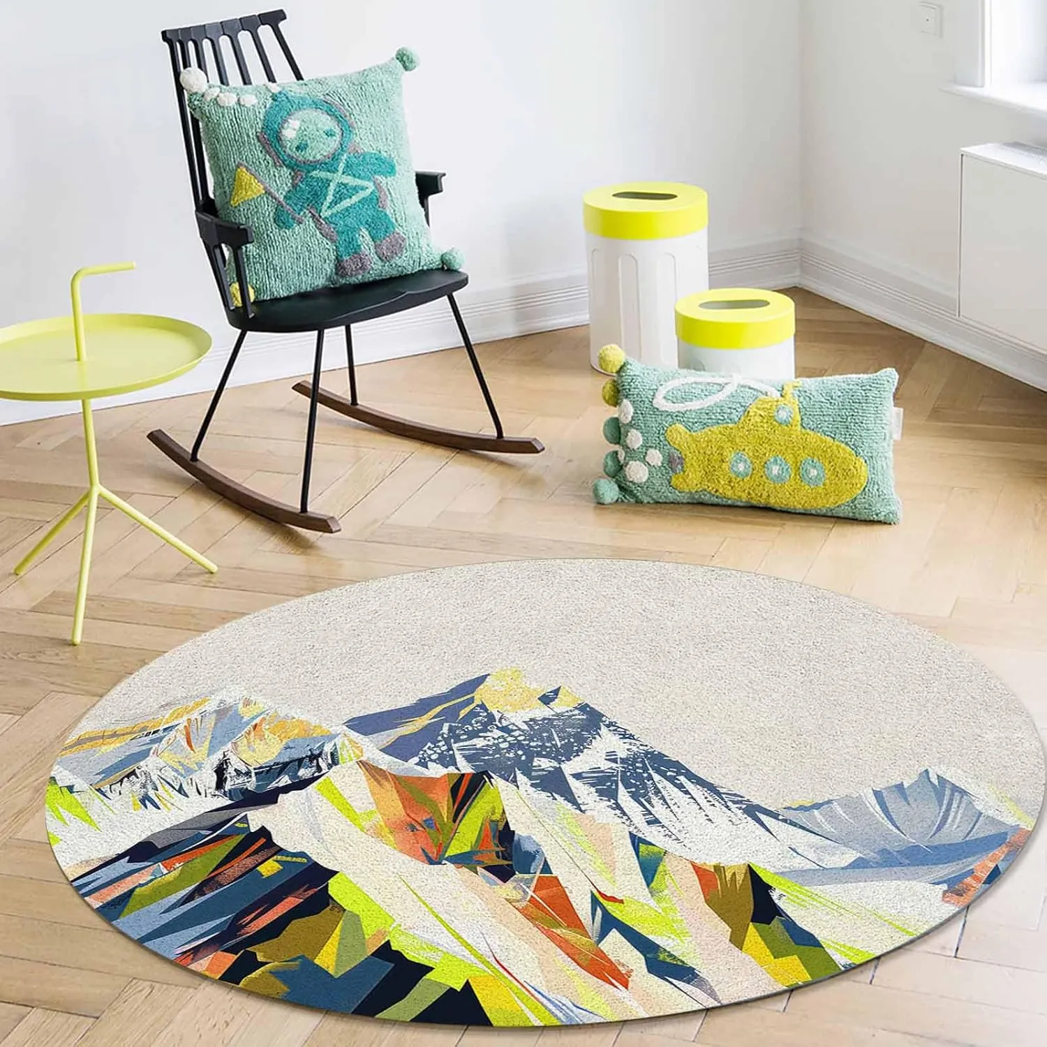 Abstract Mountains Area Rug Carpet for Kids Teen Girls Boys Bedroom, Living Room, Washable Outdoor Indoor Accent Throw Runner Floor Mat Area Rug 6FT(Round) Yellow Green Navy Blue Painting Art