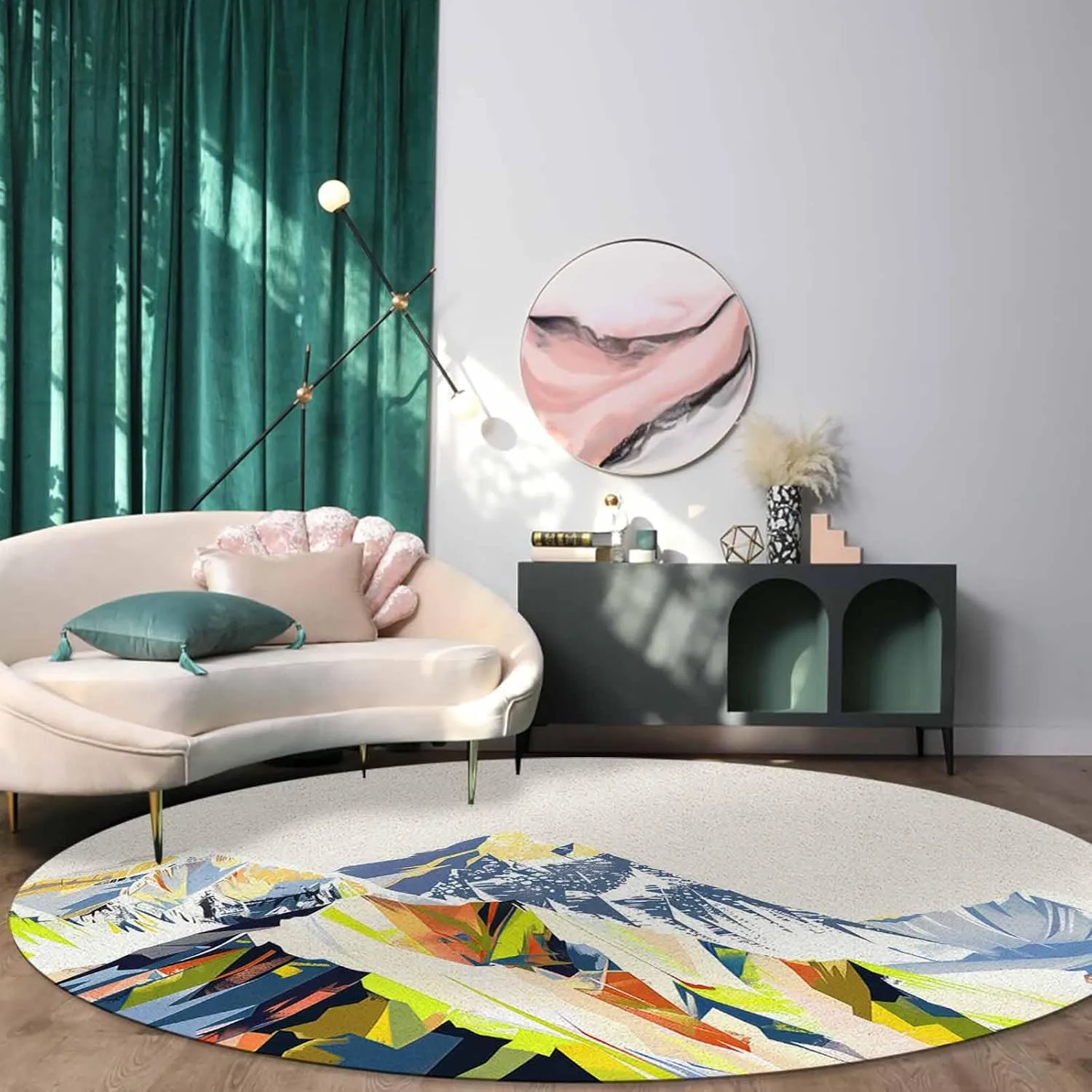 Abstract Mountains Area Rug Carpet for Kids Teen Girls Boys Bedroom, Living Room, Washable Outdoor Indoor Accent Throw Runner Floor Mat Area Rug 6FT(Round) Yellow Green Navy Blue Painting Art