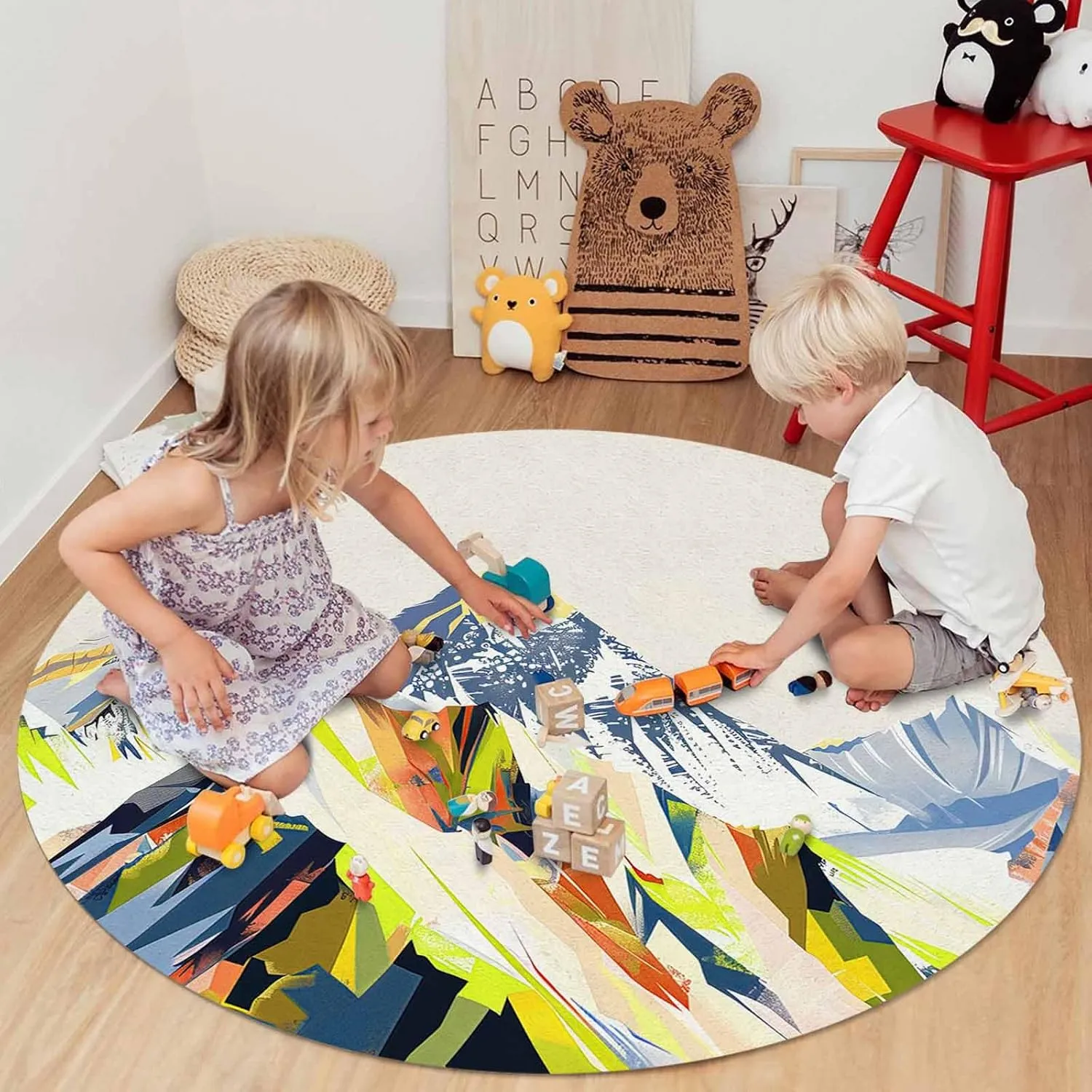 Abstract Mountains Area Rug Carpet for Kids Teen Girls Boys Bedroom, Living Room, Washable Outdoor Indoor Accent Throw Runner Floor Mat Area Rug 6FT(Round) Yellow Green Navy Blue Painting Art