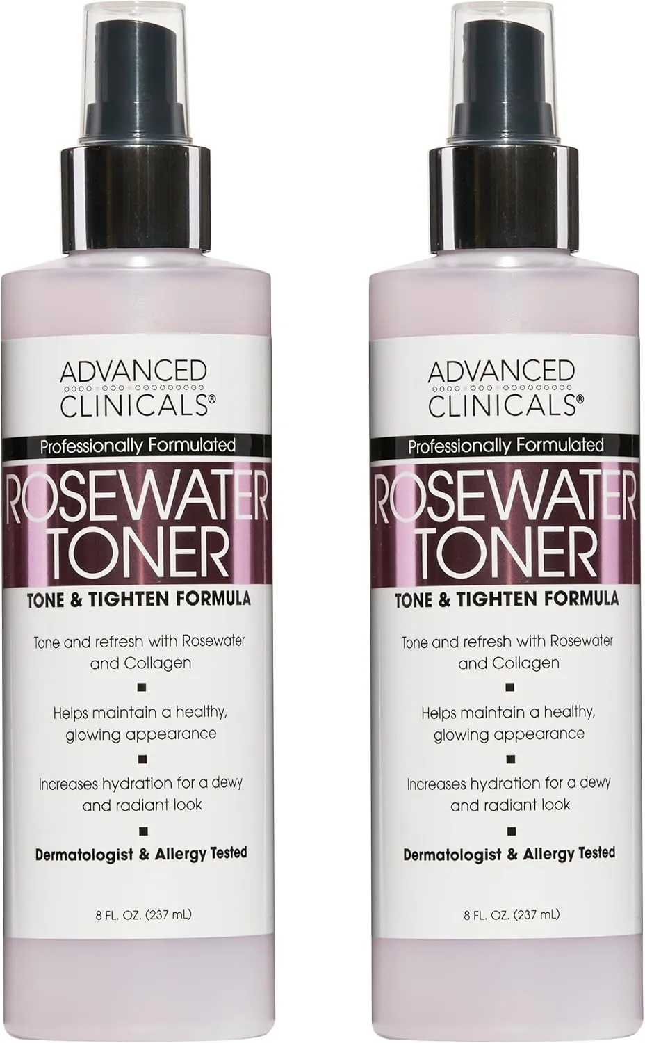 Advanced Clinicals Collagen   Rosewater Facial Mist Toner W/Charcoal & Aloe Vera. Alcohol-Free PH Balancing Formula Detoxifies & Hydrates Skin Improving Overall Skin Tone, Face Mist, 8 Fl Oz, 2-Pack