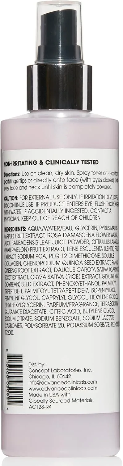Advanced Clinicals Collagen   Rosewater Facial Mist Toner W/Charcoal & Aloe Vera. Alcohol-Free PH Balancing Formula Detoxifies & Hydrates Skin Improving Overall Skin Tone, Face Mist, 8 Fl Oz, 2-Pack