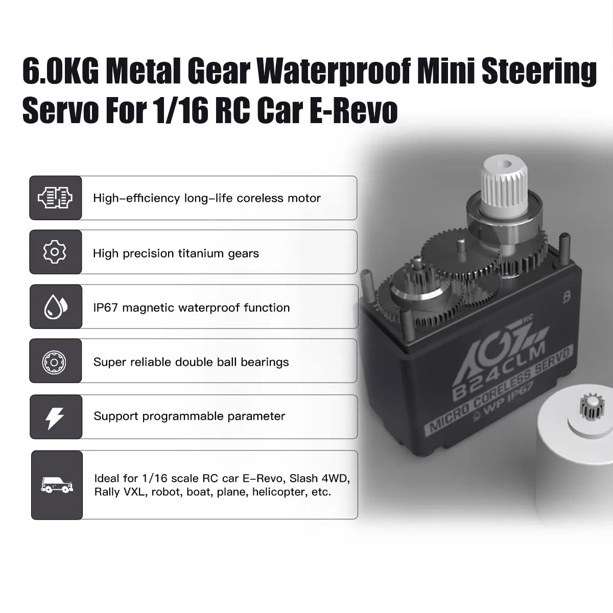 AGFRC 6KG Waterproof Mini RC-Steering-Servo-Motor - 0.085Sec High Speed HV Titanium Gear Coreless Digital Servo for 1/16 RC Car Boat Crawler (B24CLM)