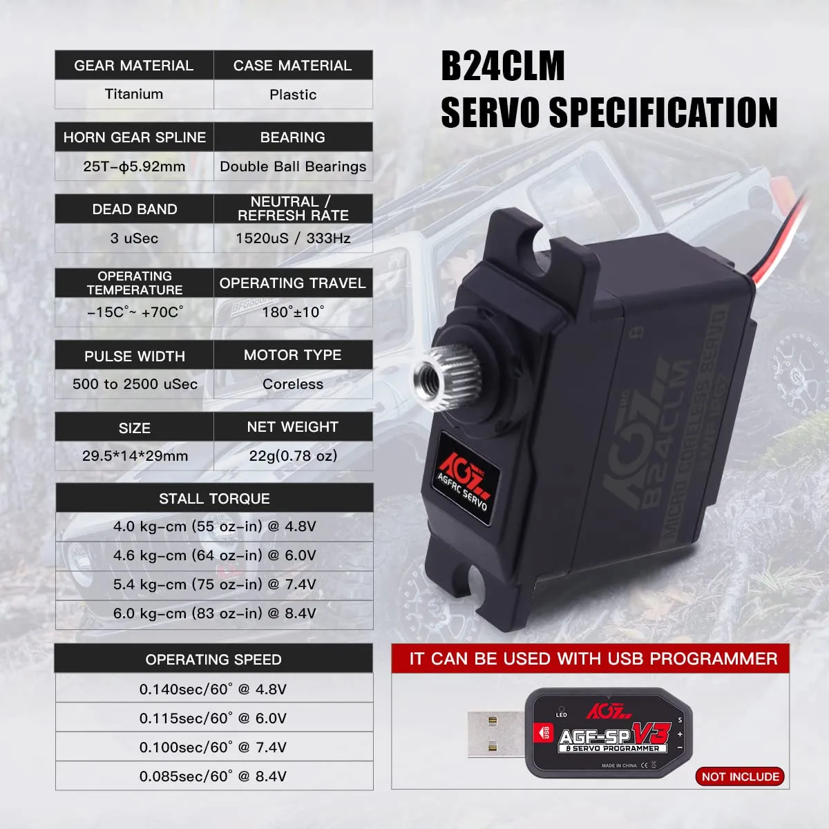 AGFRC 6KG Waterproof Mini RC-Steering-Servo-Motor - 0.085Sec High Speed HV Titanium Gear Coreless Digital Servo for 1/16 RC Car Boat Crawler (B24CLM)
