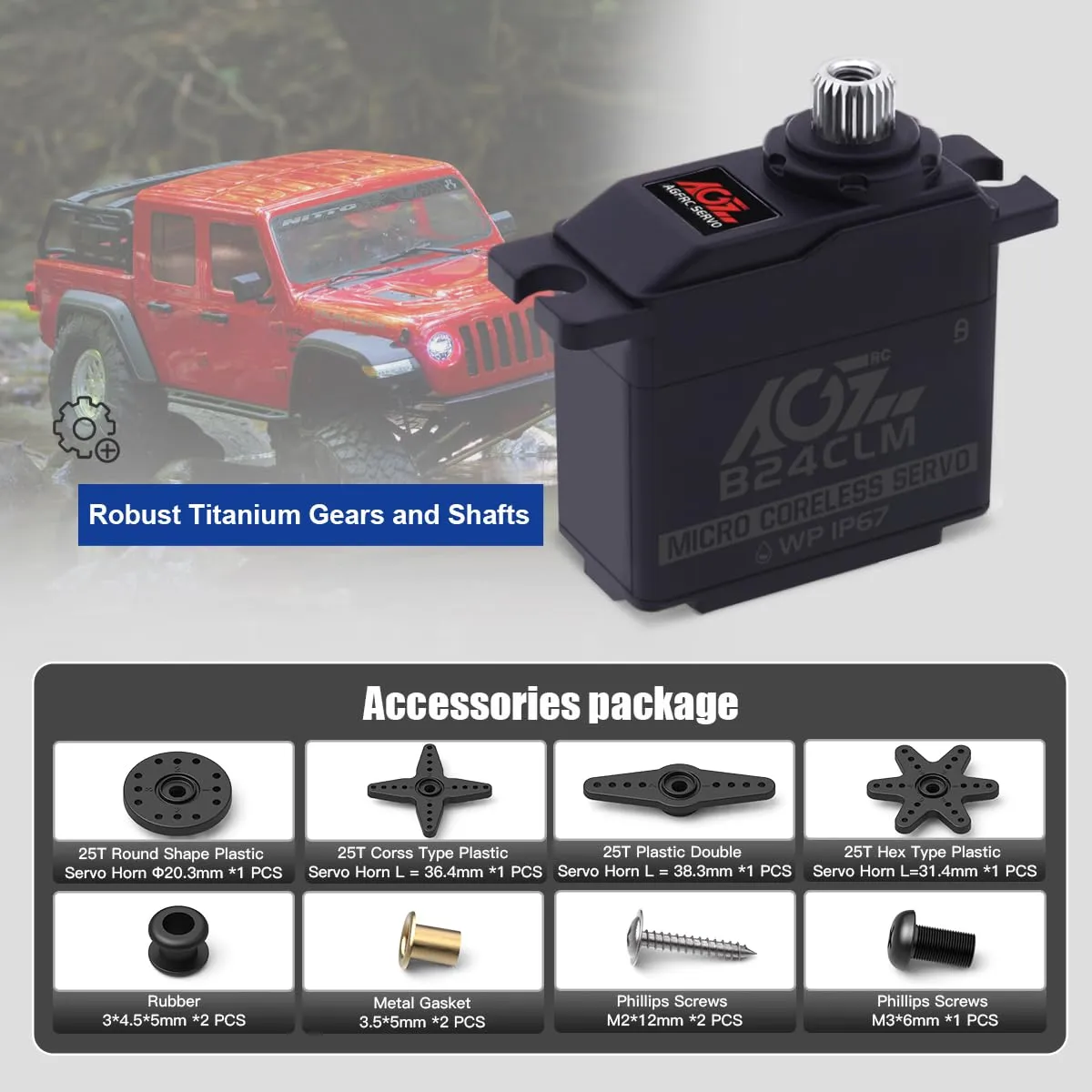AGFRC 6KG Waterproof Mini RC-Steering-Servo-Motor - 0.085Sec High Speed HV Titanium Gear Coreless Digital Servo for 1/16 RC Car Boat Crawler (B24CLM)