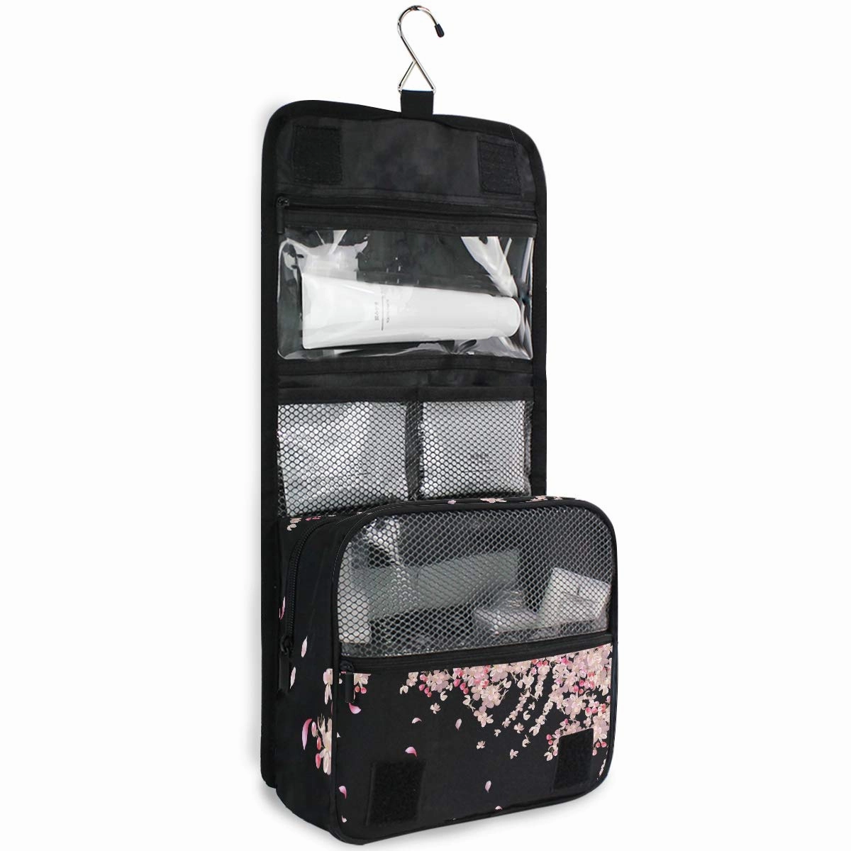 ALAZA Flying Plum Cherry Blossom Flowers Travel Toiletry Bag Hanging Multifunction Cosmetic Case Portable Makeup Pouch Organizer with Hook