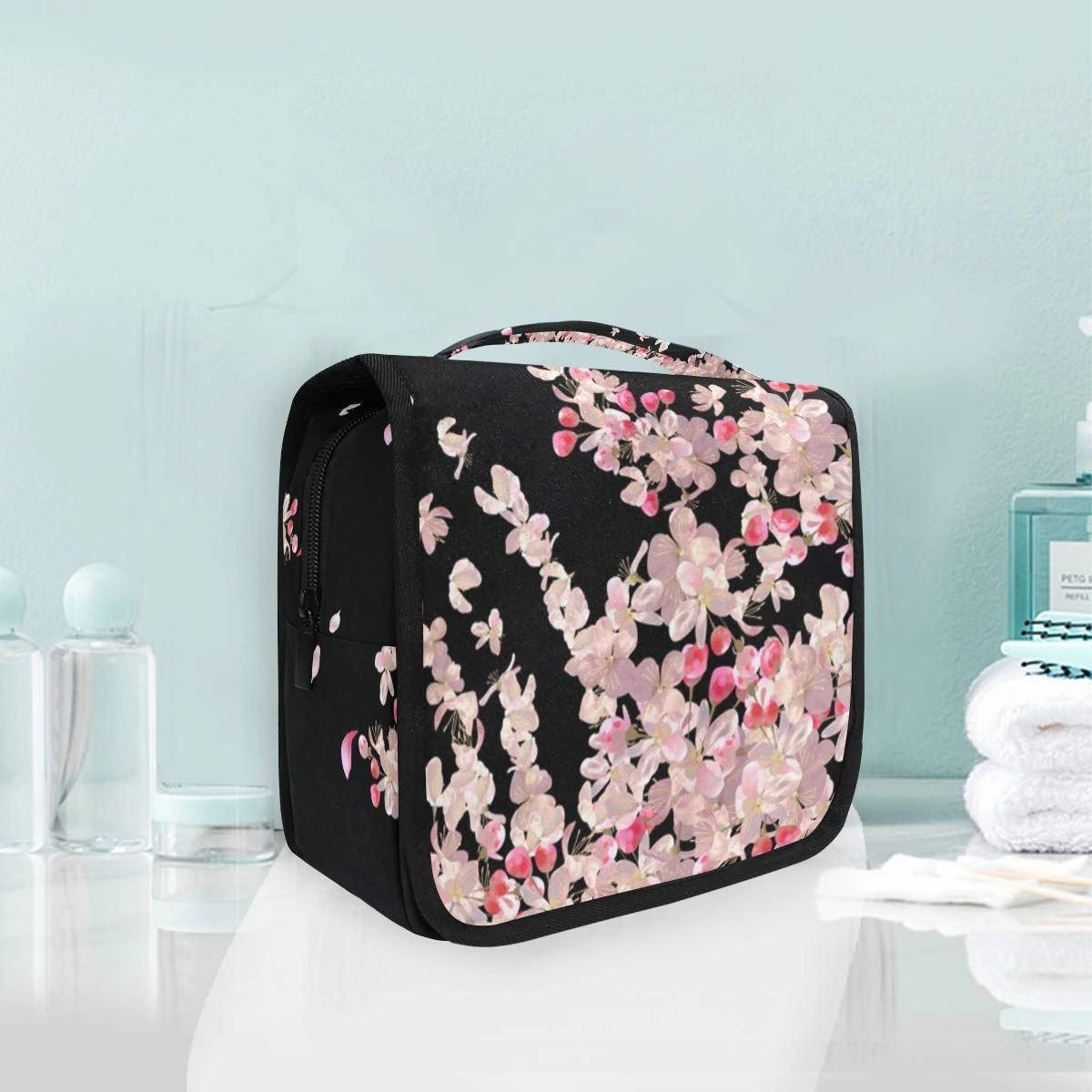ALAZA Flying Plum Cherry Blossom Flowers Travel Toiletry Bag Hanging Multifunction Cosmetic Case Portable Makeup Pouch Organizer with Hook