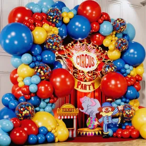 ALL-IN-1 Circus Balloons Arch Kit & Garland for Carnival Party Decorations Theme – Primary Color Balloons in Red Blue Yellow & Rainbow Confetti – Baby Shower Circus Birthday Party Supplies