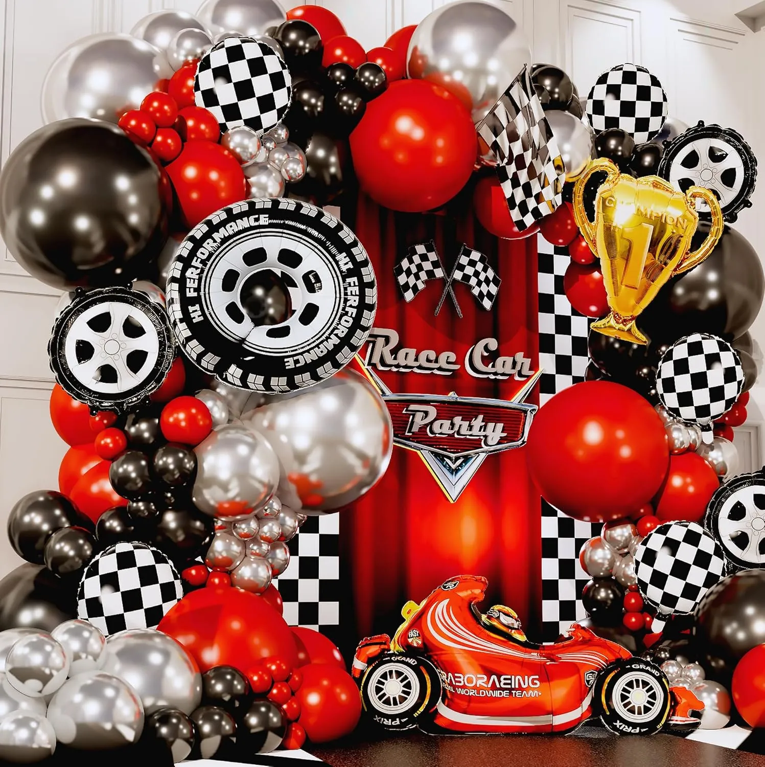 ALL-IN-1 Race Car Balloon Arch Kit with BONUS Trophy & Number 2 - Cars Balloon Garland Kit for Lightning McQueen Cars 2 Birthday Party Supplies & Hot Wheels Balloons RaceCars Decorations