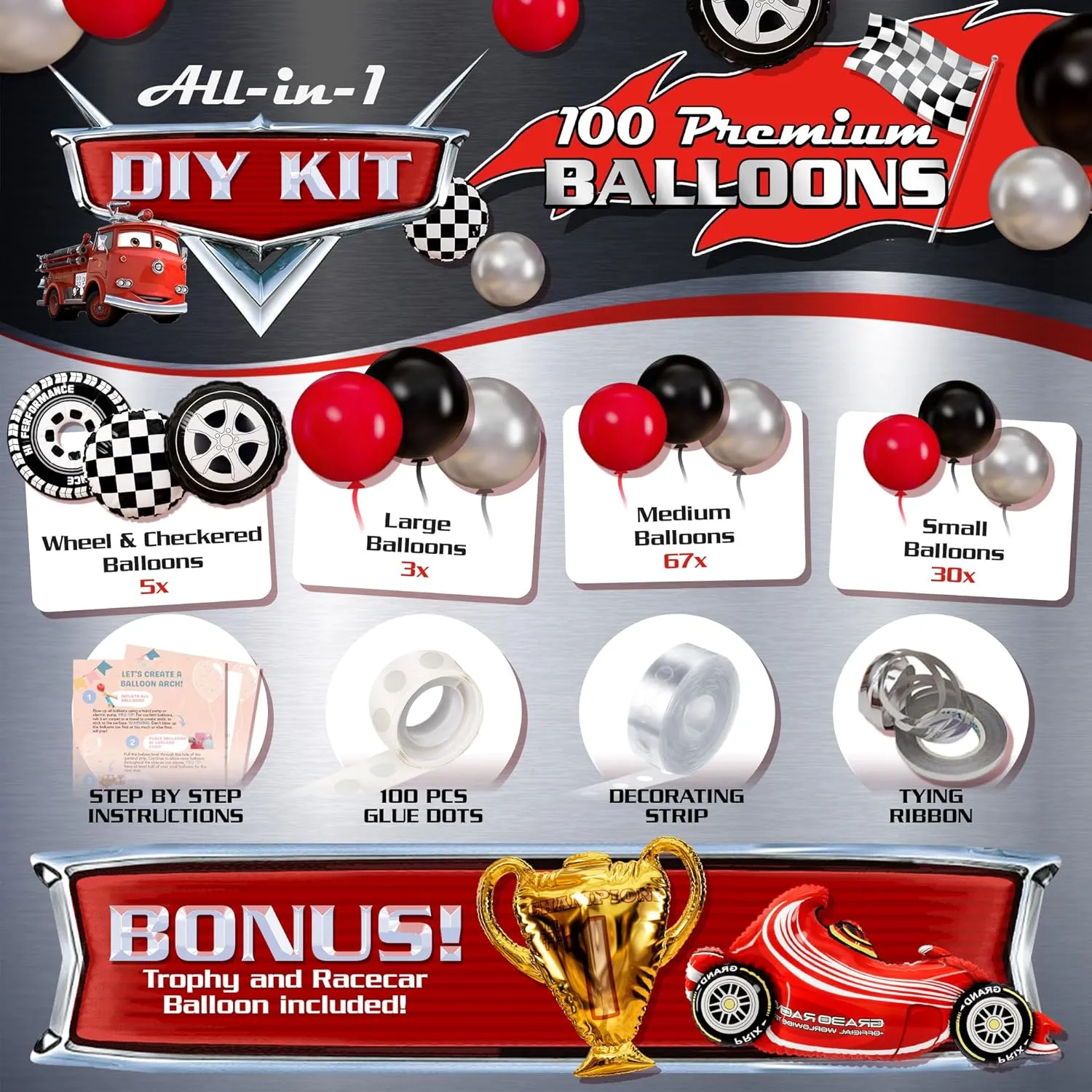 ALL-IN-1 Race Car Balloon Arch Kit with BONUS Trophy & Number 2 - Cars Balloon Garland Kit for Lightning McQueen Cars 2 Birthday Party Supplies & Hot Wheels Balloons RaceCars Decorations