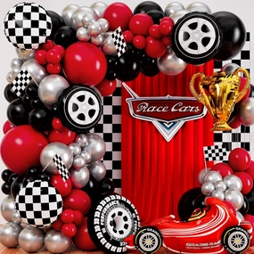 ALL-IN-1 Race Car Balloon Arch Kit with BONUS Trophy & Number 2 - Balloon Garland Kit for Lightning McQueen Cars 2 Birthday Party Supplies & Hot Wheels Balloon Race Cars Decorations