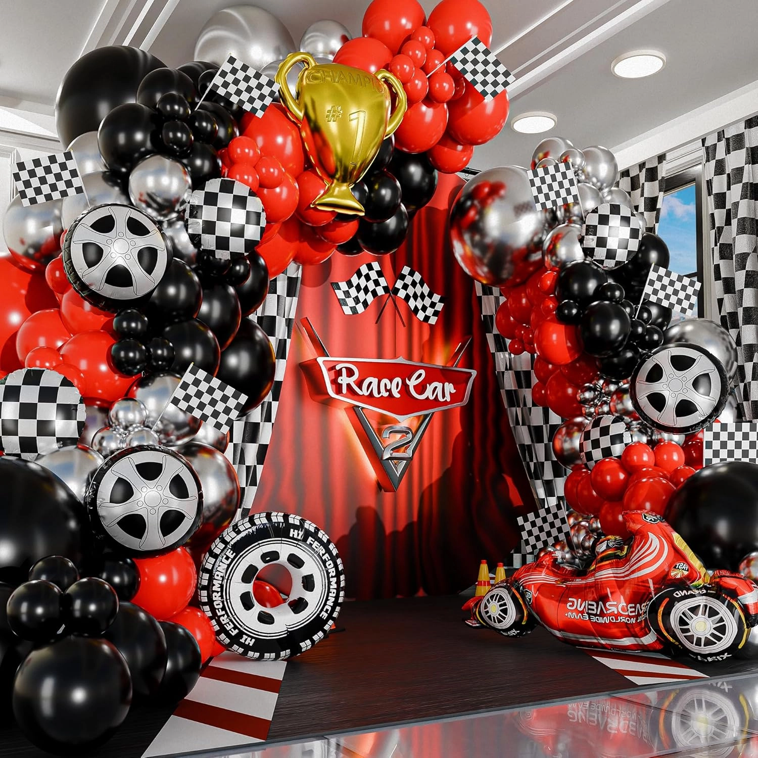 ALL-IN-1 Race Car Balloon Arch Kit with BONUS Trophy & Number 2 - Balloon Garland Kit for Lightning McQueen Cars 2 Birthday Party Supplies & Hot Wheels Balloon Race Cars Decorations