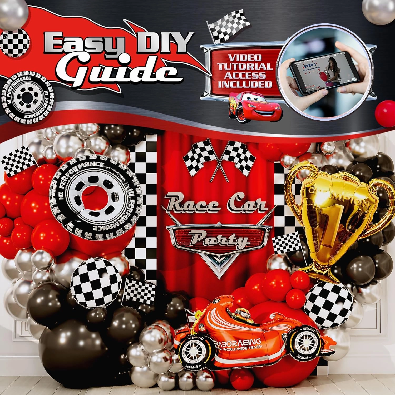ALL-IN-1 Race Car Balloon Arch Kit with BONUS Trophy & Number 2 - Balloon Garland Kit for Lightning McQueen Cars 2 Birthday Party Supplies & Hot Wheels Balloon Race Cars Decorations