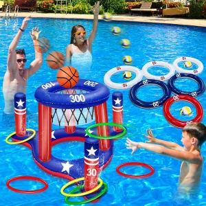 American Flag Pool Toys Games Set, Inflatable 2-in-1 Floating Basketball Hoop and Inflatable Ring Toss Pool Game with Score for Kids Teens Adults Summer Water Pool Toys 4th of July Patriotic Party