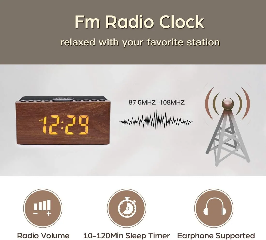 ANJANK Digital LED Alarm Clock FM Radio, Fast Wireless Charger Station for iPhone/Samsung Galaxy, 5 Level Dimmer, USB Charging Port, 2 Sounds, Sleep Timer for Bedroom, Bedside, Desk - Wood