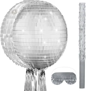 Aoriher Disco Ball Piñata 12.6 x 12.6 x 3 Inch Disco Party Game Set Mirror Ball Piñata Silver Foil 80s 90s Decoration with Stick Mask for Retro Theme Birthday Wedding Party Supplies Decor