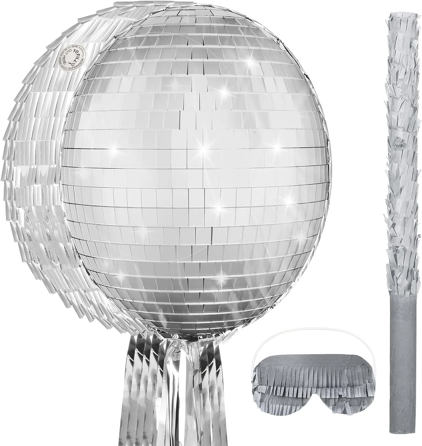 Aoriher Disco Ball Piñata 12.6 x 12.6 x 3 Inch Disco Party Game Set Mirror Ball Piñata Silver Foil 80s 90s Decoration with Stick Mask for Retro Theme Birthday Wedding Party Supplies Decor