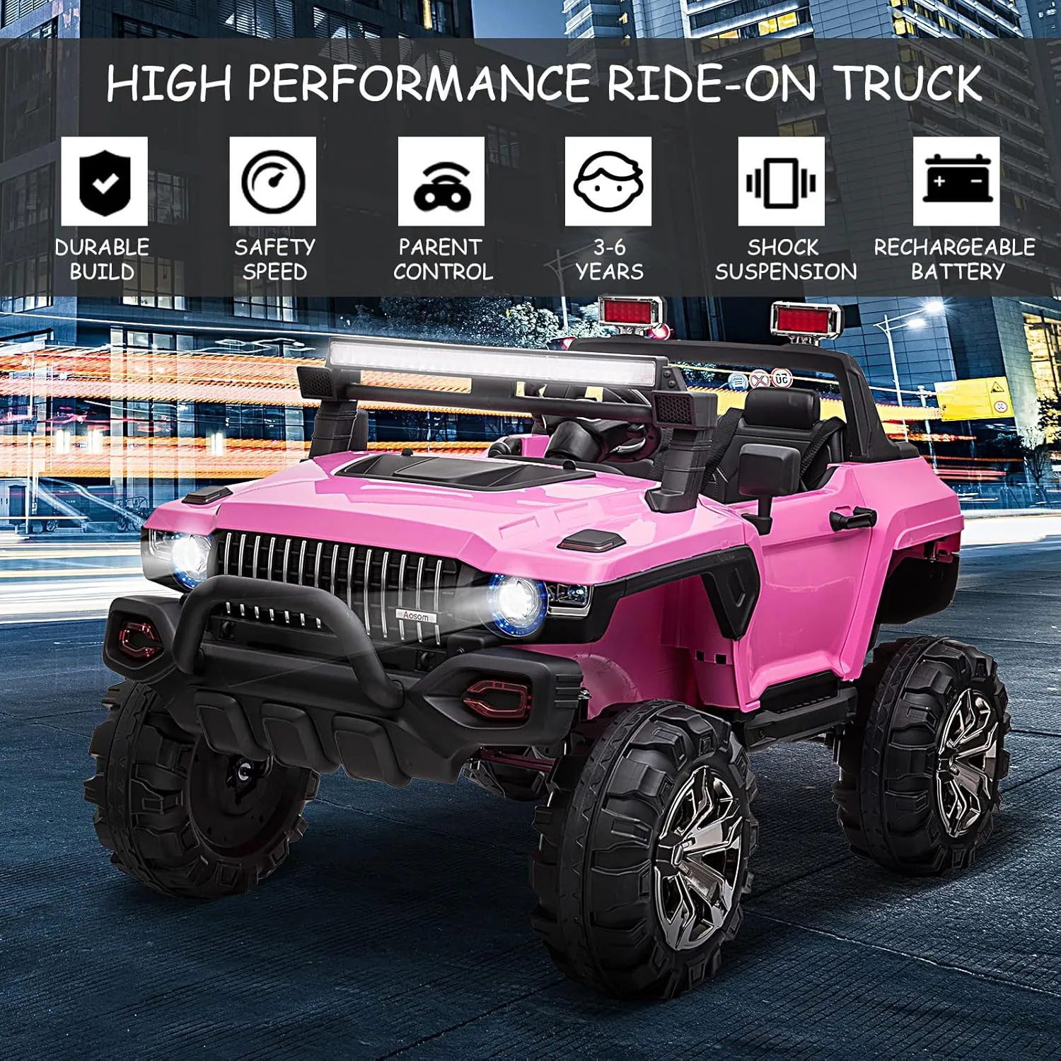 Aosom 53" L 2-Seater 12V Police Car Ride on Truck with Remote Control, Battery Operated Electric Car for Kids with Suspension, MP3 Player, Lights, Music, Horn, Pink