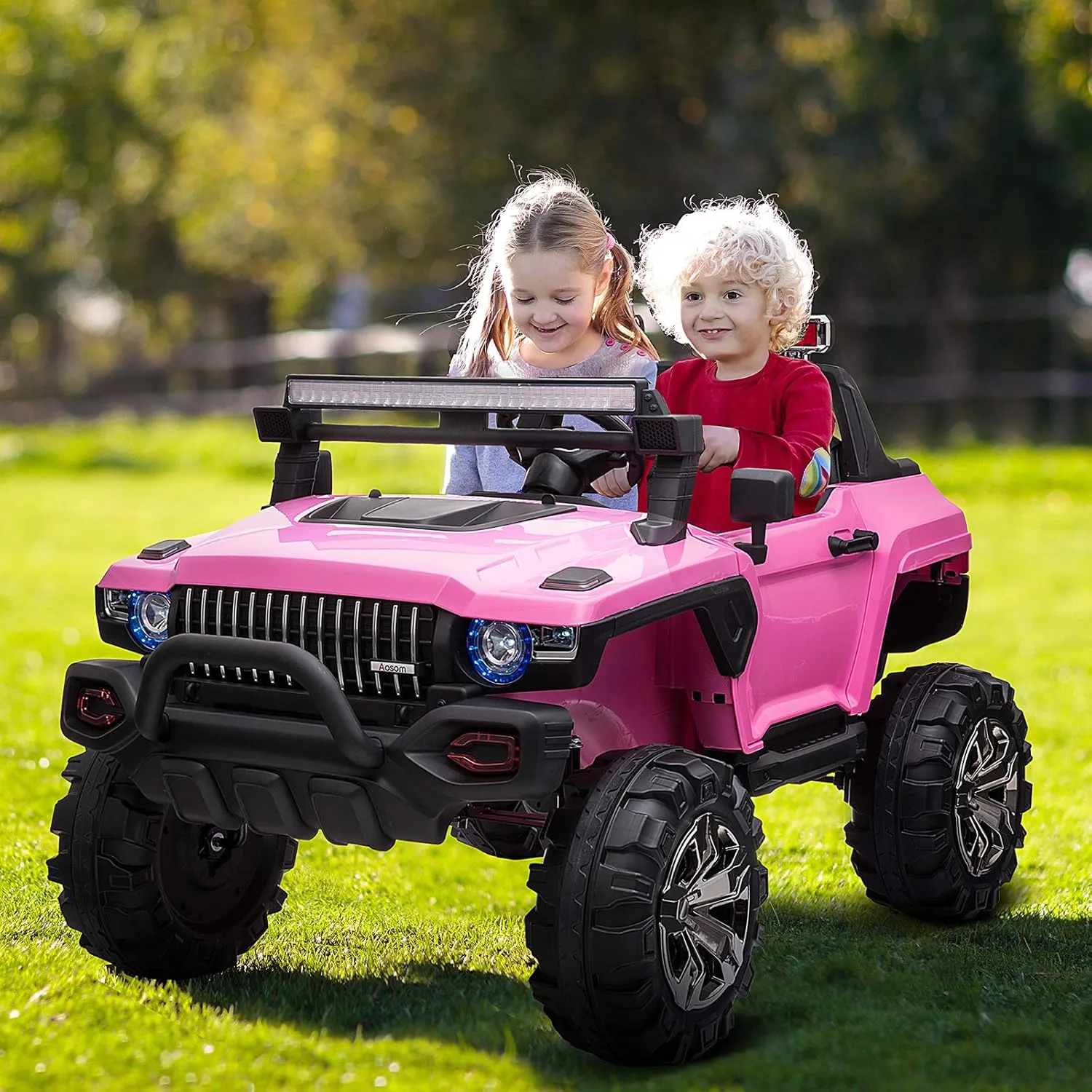 Aosom 53" L 2-Seater 12V Police Car Ride on Truck with Remote Control, Battery Operated Electric Car for Kids with Suspension, MP3 Player, Lights, Music, Horn, Pink