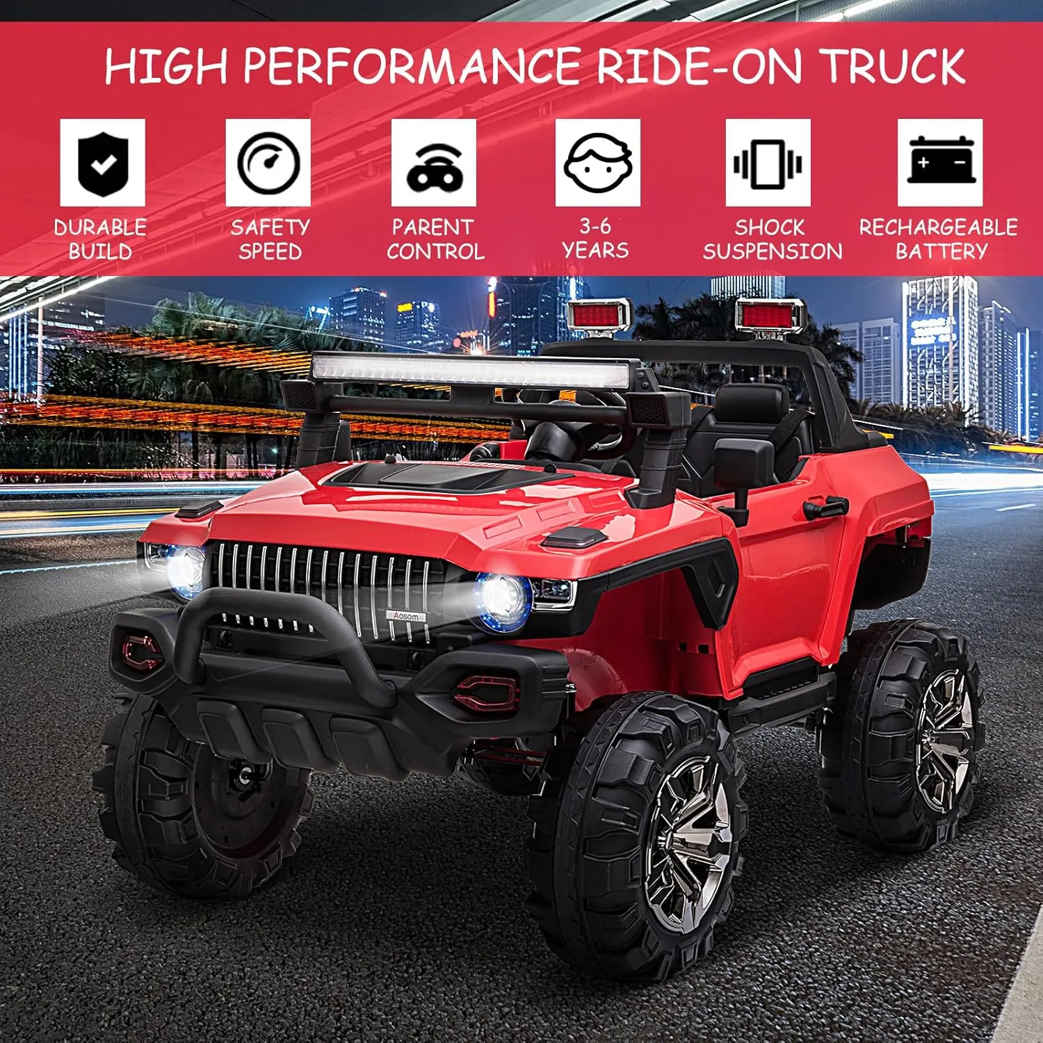 Aosom 53" L 2-Seater 12V Police Car Ride On Truck with Remote Control, Battery Operated Electric Car for Kids with Suspension, MP3 Player, Lights, Music, Horn, Red
