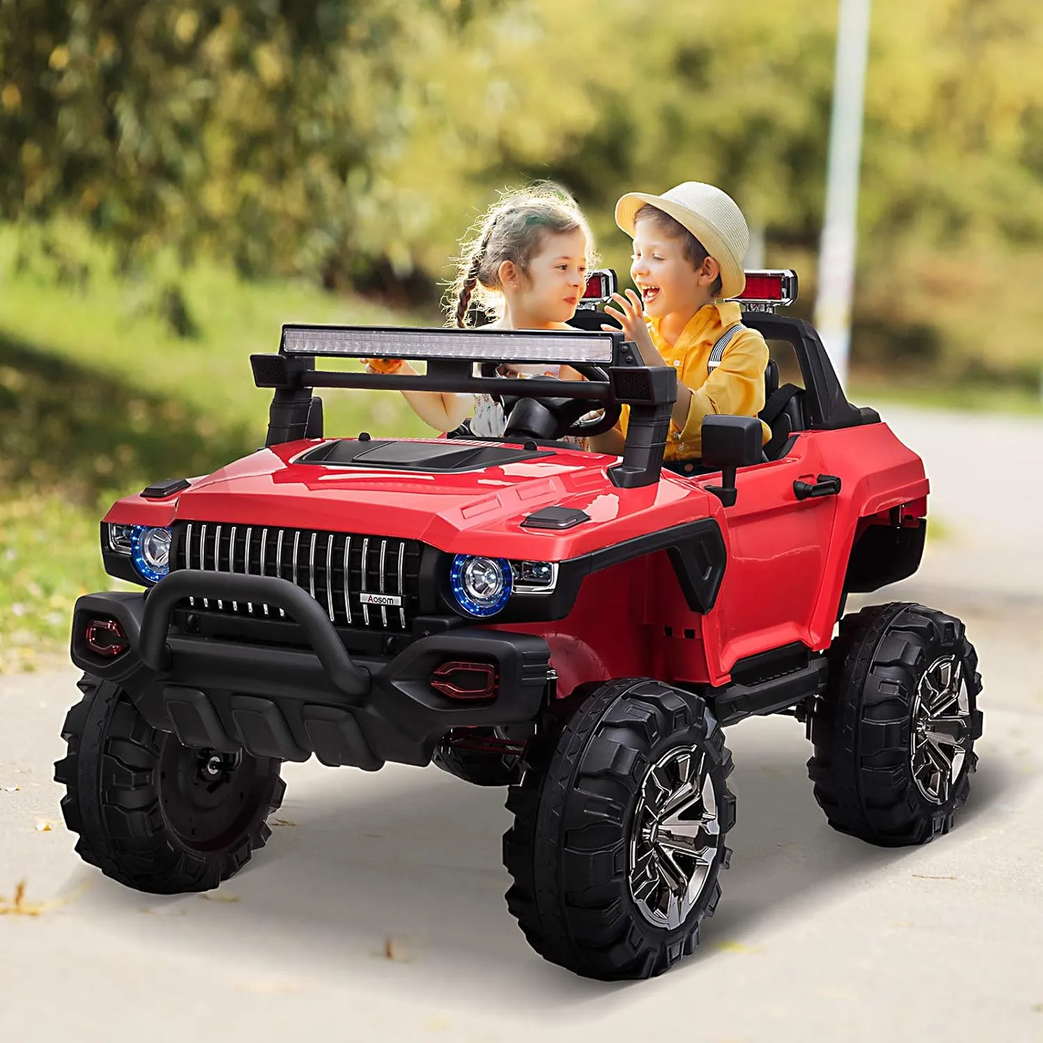 Aosom 53" L 2-Seater 12V Police Car Ride On Truck with Remote Control, Battery Operated Electric Car for Kids with Suspension, MP3 Player, Lights, Music, Horn, Red