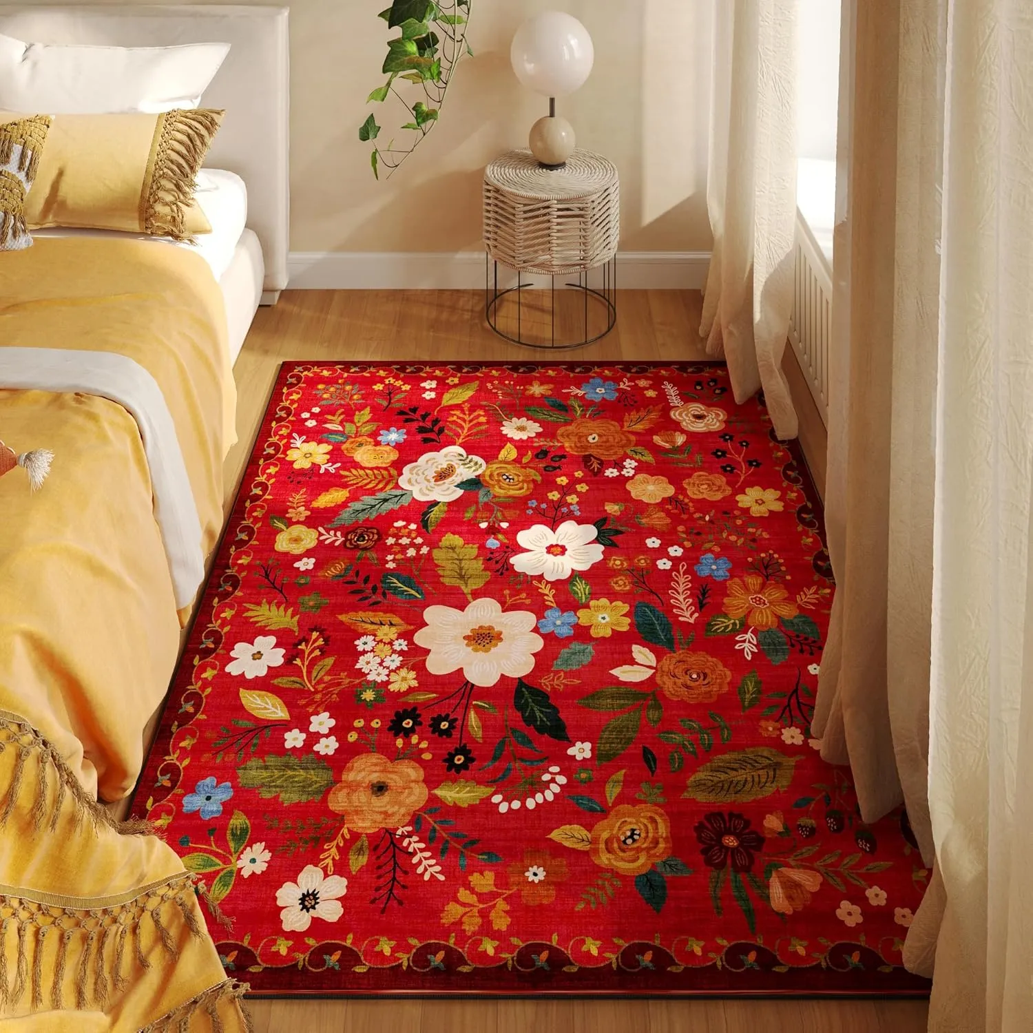 Area Rug 4x6 Rug Washable Boho Rugs Non Slip Low Pile Floral Small Carpet for Bedroom, Bedside, Kids Room, Office, Dining Room(Red)