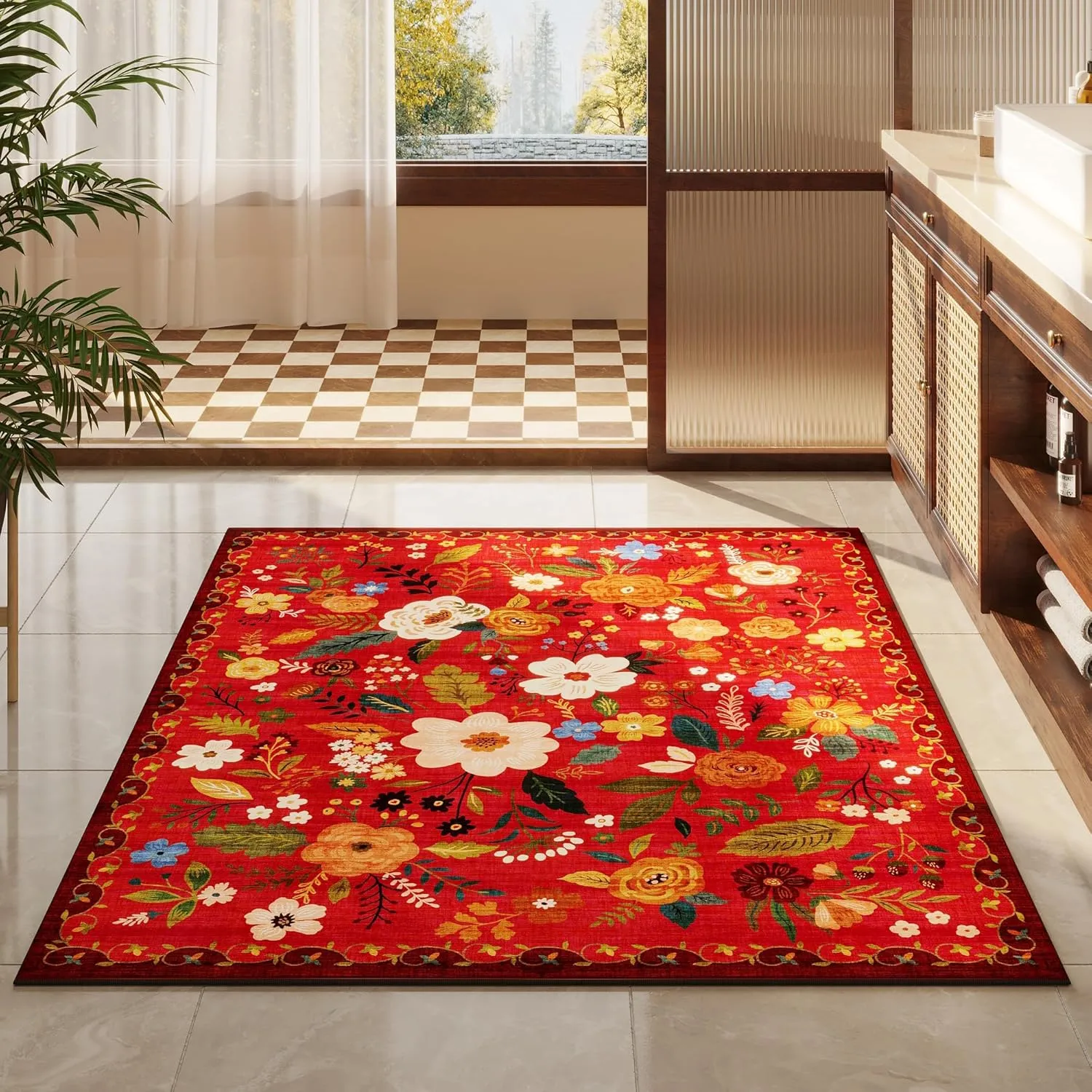 Area Rug 4x6 Rug Washable Boho Rugs Non Slip Low Pile Floral Small Carpet for Bedroom, Bedside, Kids Room, Office, Dining Room(Red)