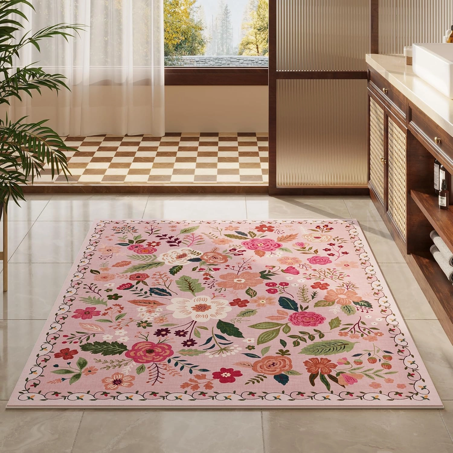 Area Rug 4x6 Rug Washable Boho Rugs Non Slip Low Pile Floral Small Carpet for Bedroom, Bedside, Kids Room, Office, Dining Room(Pink)
