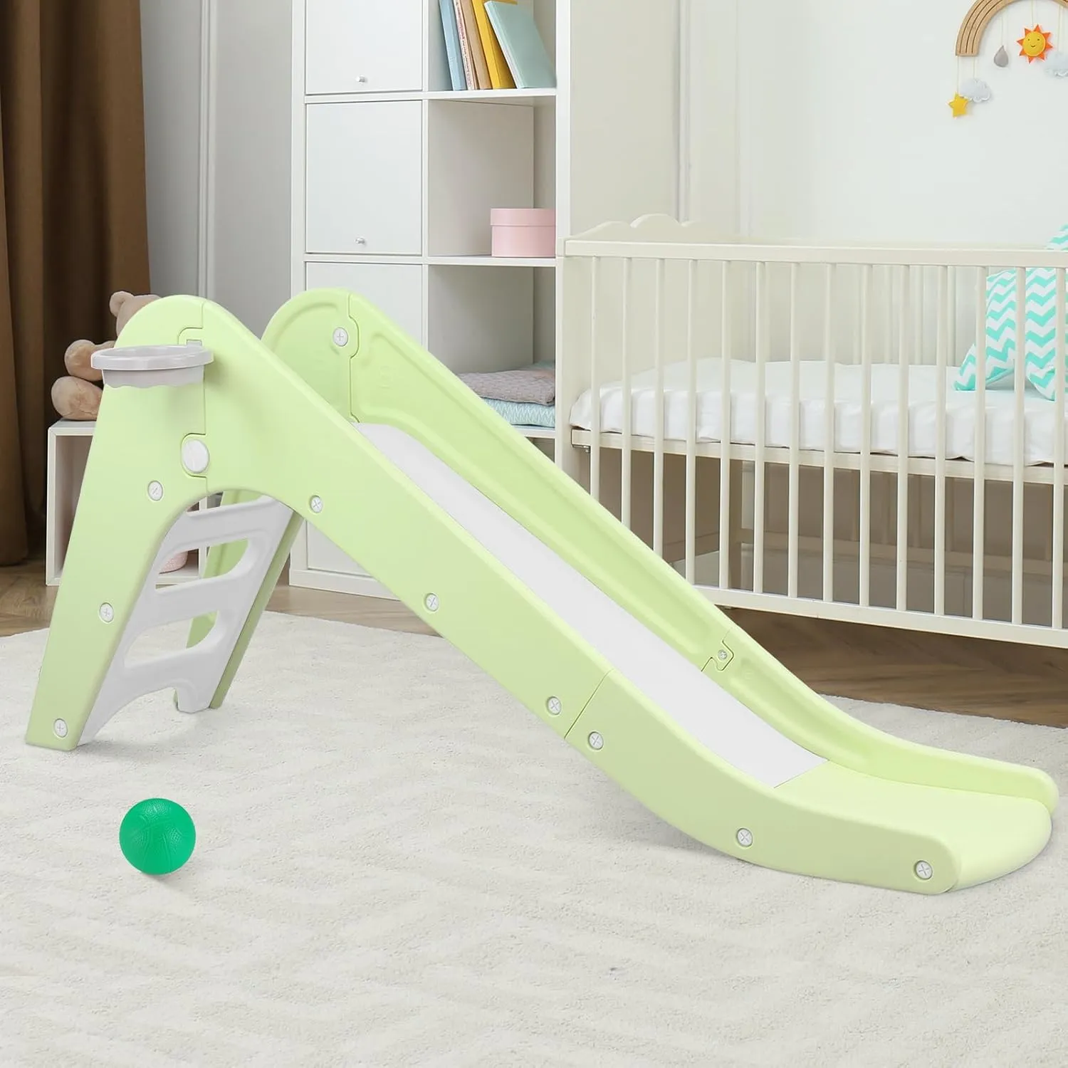 Arlopu Freestanding Kids Slide, Toddler Slide Climber with Basketball Hoop & Ball, Baby Playset w/Long Slope, for Boys and Girls Birthday, Sturdy Playground Toy for Indoor Outdoor Age 3  (Light Green)