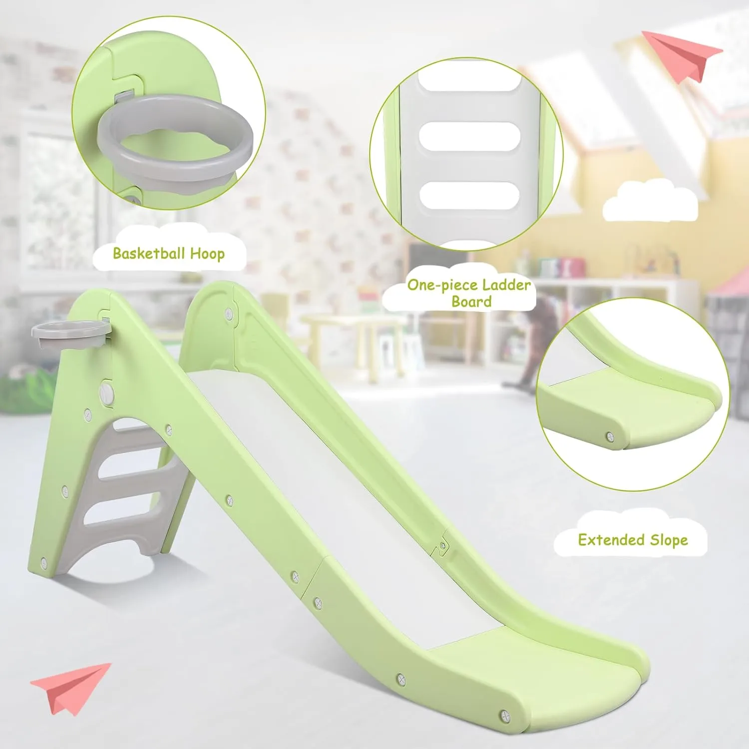 Arlopu Freestanding Kids Slide, Toddler Slide Climber with Basketball Hoop & Ball, Baby Playset w/Long Slope, for Boys and Girls Birthday, Sturdy Playground Toy for Indoor Outdoor Age 3  (Light Green)