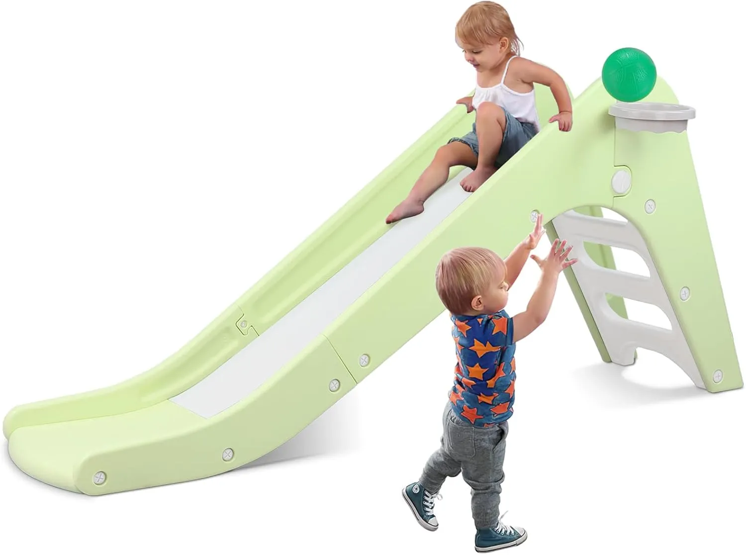 Arlopu Freestanding Kids Slide, Toddler Slide Climber with Basketball Hoop & Ball, Baby Playset w/Long Slope, for Boys and Girls Birthday, Sturdy Playground Toy for Indoor Outdoor Age 3  (Light Green)