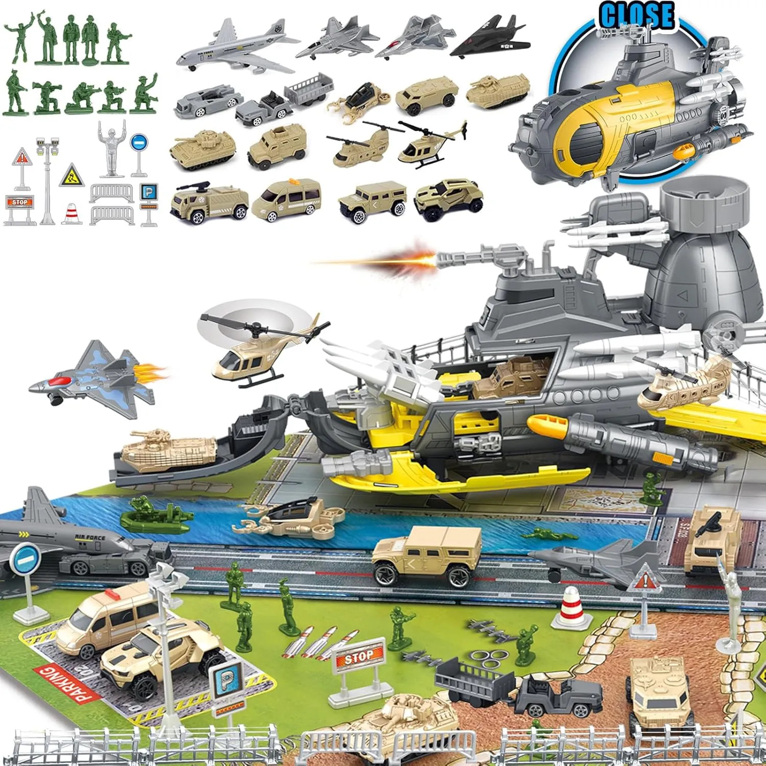 Army Toys, Military Base Mat with Vehicles Trucks, Helicopter, Fighter Jet, Submarine, Aircrafts, Soldiers Action Figures, Educational Learning Toys for Kids Ages 3-12 (ASTM Certified)