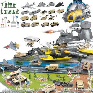 Army Toys, Military Base Mat with Vehicles Trucks, Helicopter, Fighter Jet, Submarine, Aircrafts, Soldiers Action Figures, Educational Learning Toys for Kids Ages 3-12 (ASTM Certified)