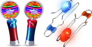 ArtCreativity 2 Light Up Magic Ball Toy Wand for Kids - Flashing LED Wand for Boys and Girls & Set of 2 Light Up Gyro Wheels Set for Kids- Includes 2, 8.5 Inch Rail Twisters