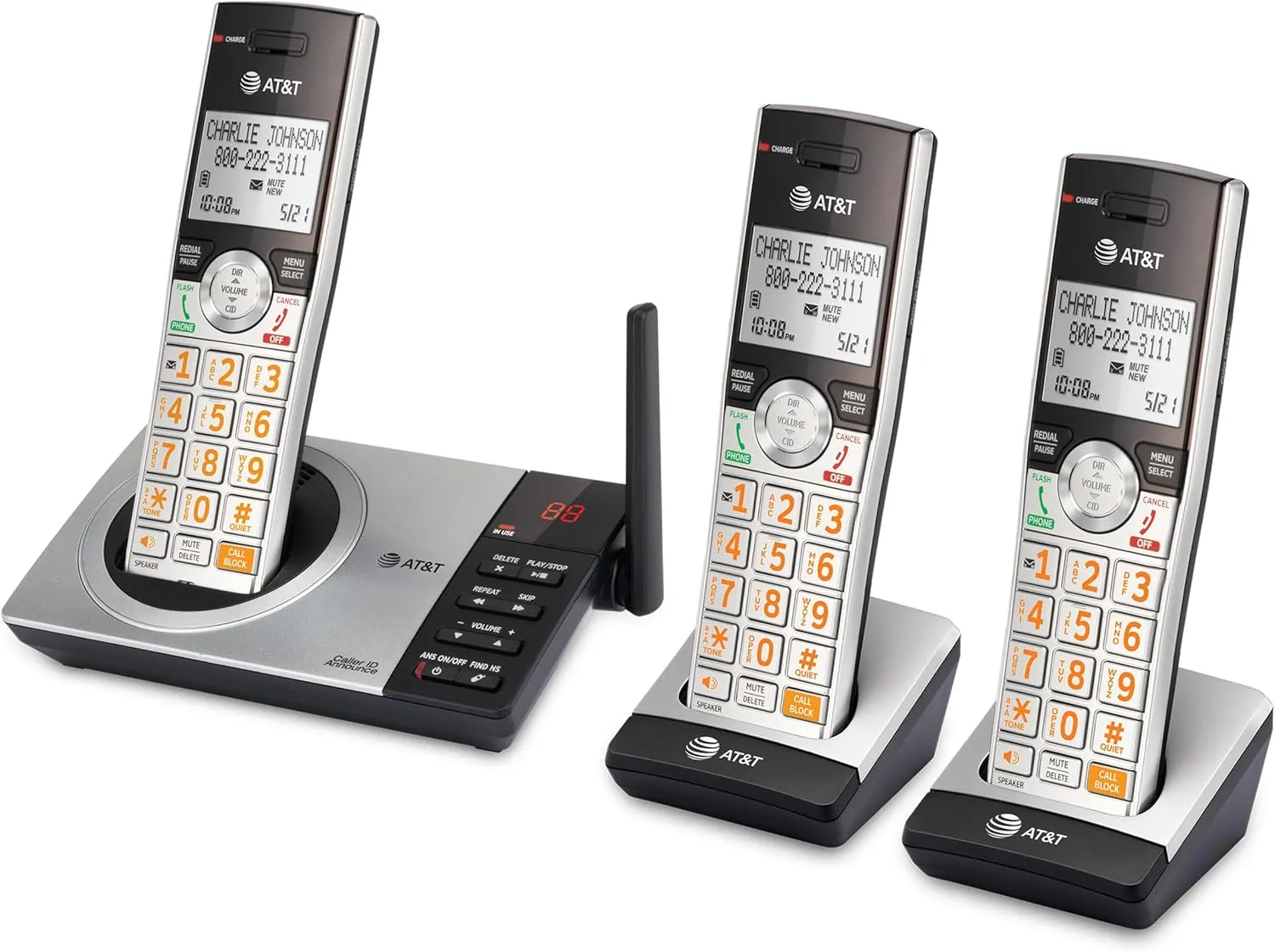 AT&T DECT 6.0 Expandable Cordless Phone with Answering System, Silver/Black with 3 Handsets