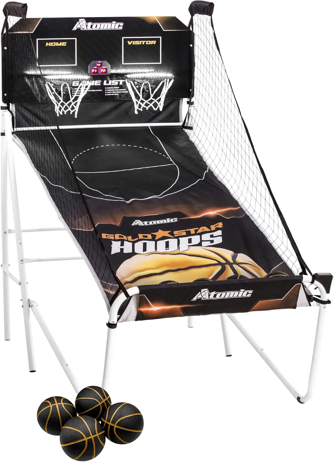 Atomic Gold Basketball Shootout Legend - Bright LED Rims - Quick Connect Construction Frame - Convenient Storage - 4 Rubber Basketballs, Inflating Pump, and Needle Included