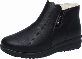 AUNTHUI Women'S Leather Fleece Wedge Cotton Ankle Boots,Side Zipper Warm Comfortable Mama Shoes,Waterproof Non-Slip Snow Boots