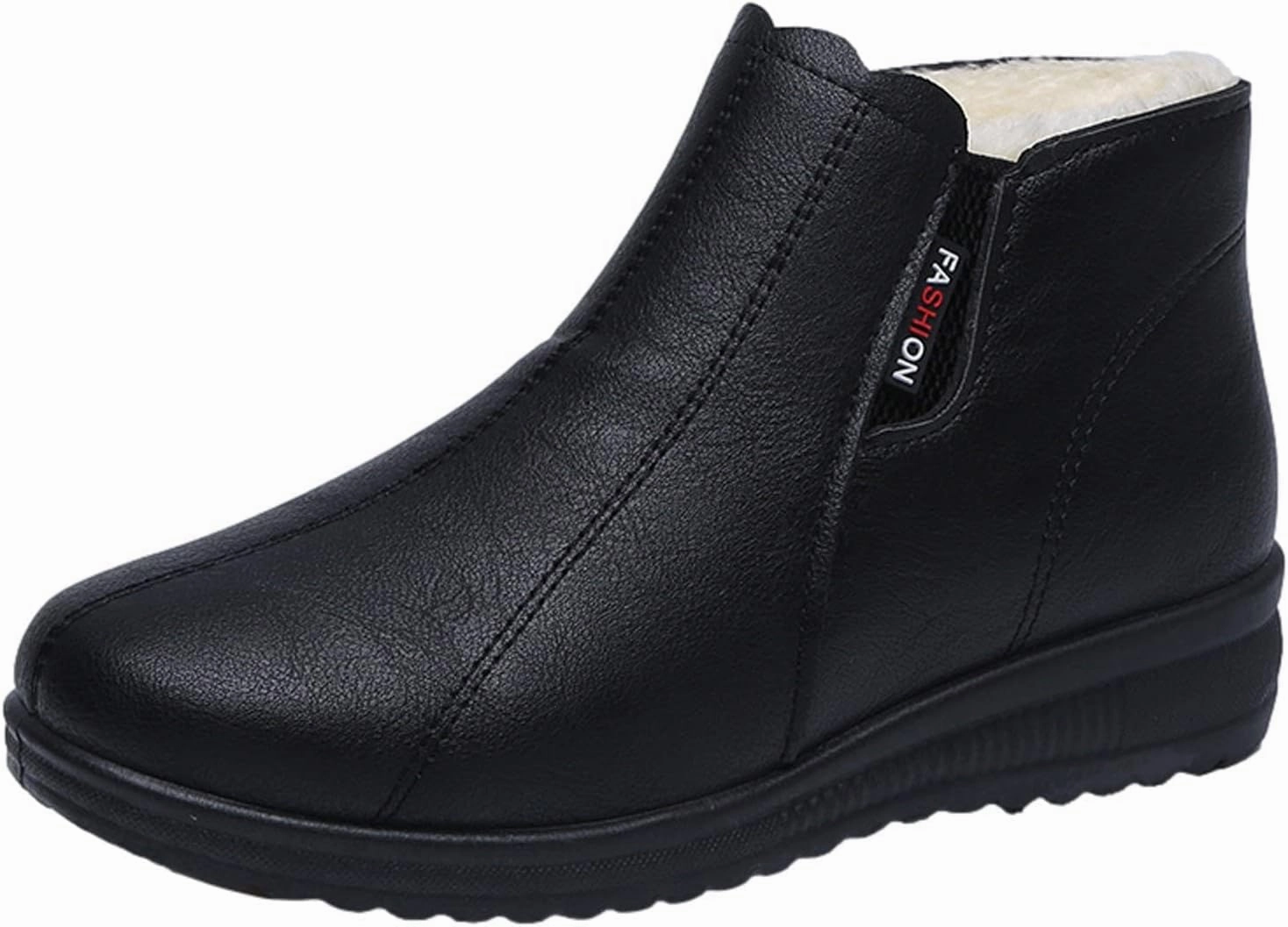 AUNTHUI Women'S Leather Fleece Wedge Cotton Ankle Boots,Side Zipper Warm Comfortable Mama Shoes,Waterproof Non-Slip Snow Boots